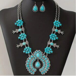 1 Necklace and Earrings Boho Style Jewelry Set Silver Plated Inlaid Turquoise